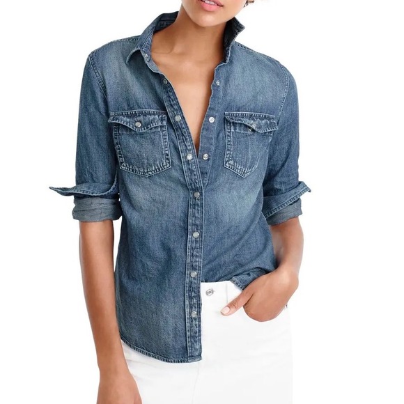 J. Crew Tops - J.Crew Womens Slim Fit Denim Western Shirt Pearl Snap chambray Cotton Size 6